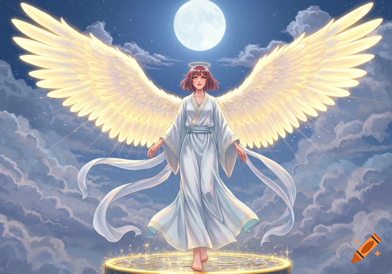 Anime-style angel with brown hair, halo, white robe, and glowing golden wings, standing on a platform under a full moon in a cloudy night sky.