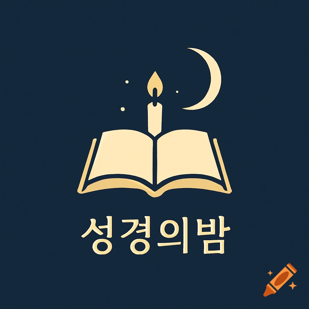 Minimalist golden logo with an open book, lit candle, and crescent moon on a dark blue background, with Korean text ' '. 성경의밤
