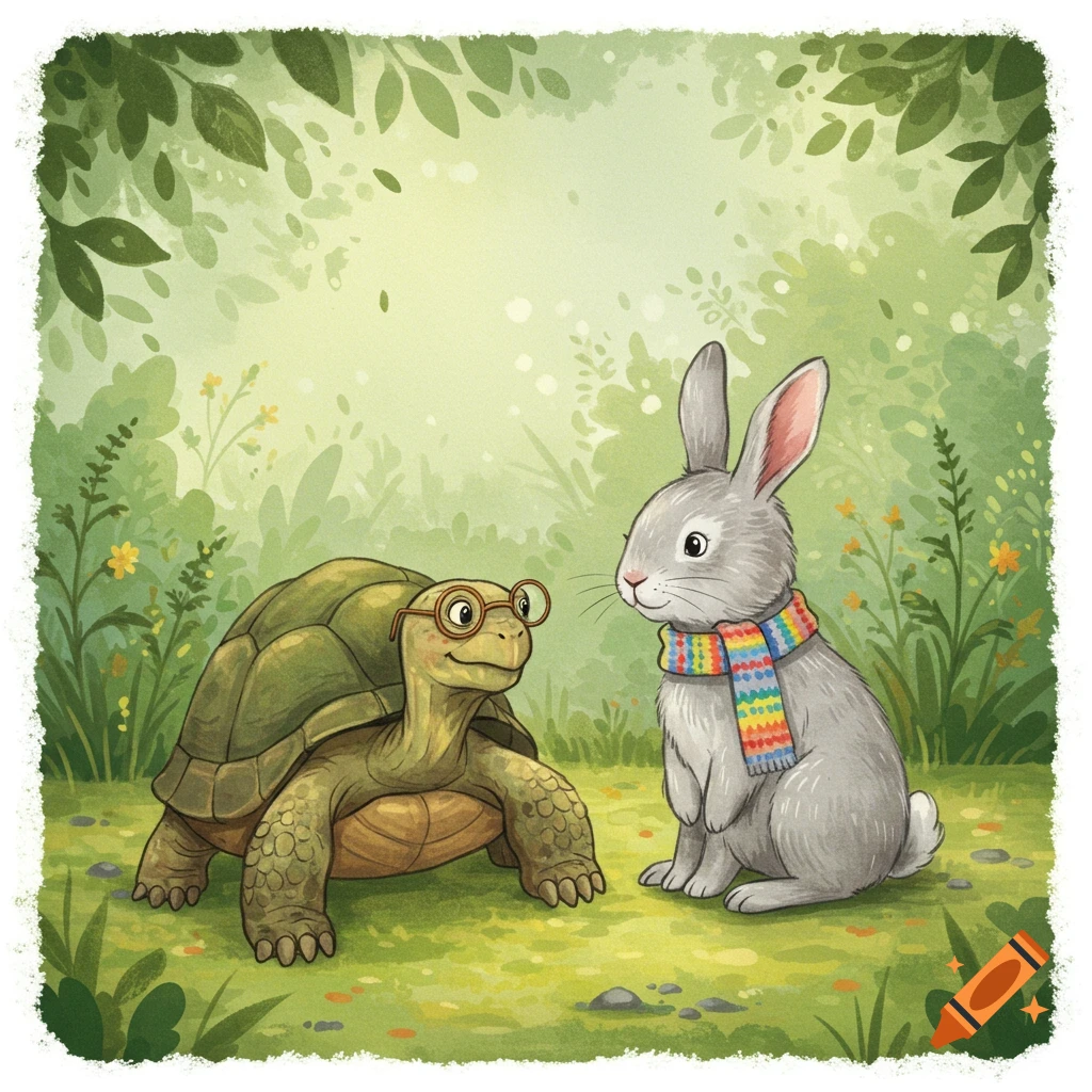 Smiling cartoon turtle in glasses and rabbit in rainbow scarf stand in a lush green forest, in children's book style.