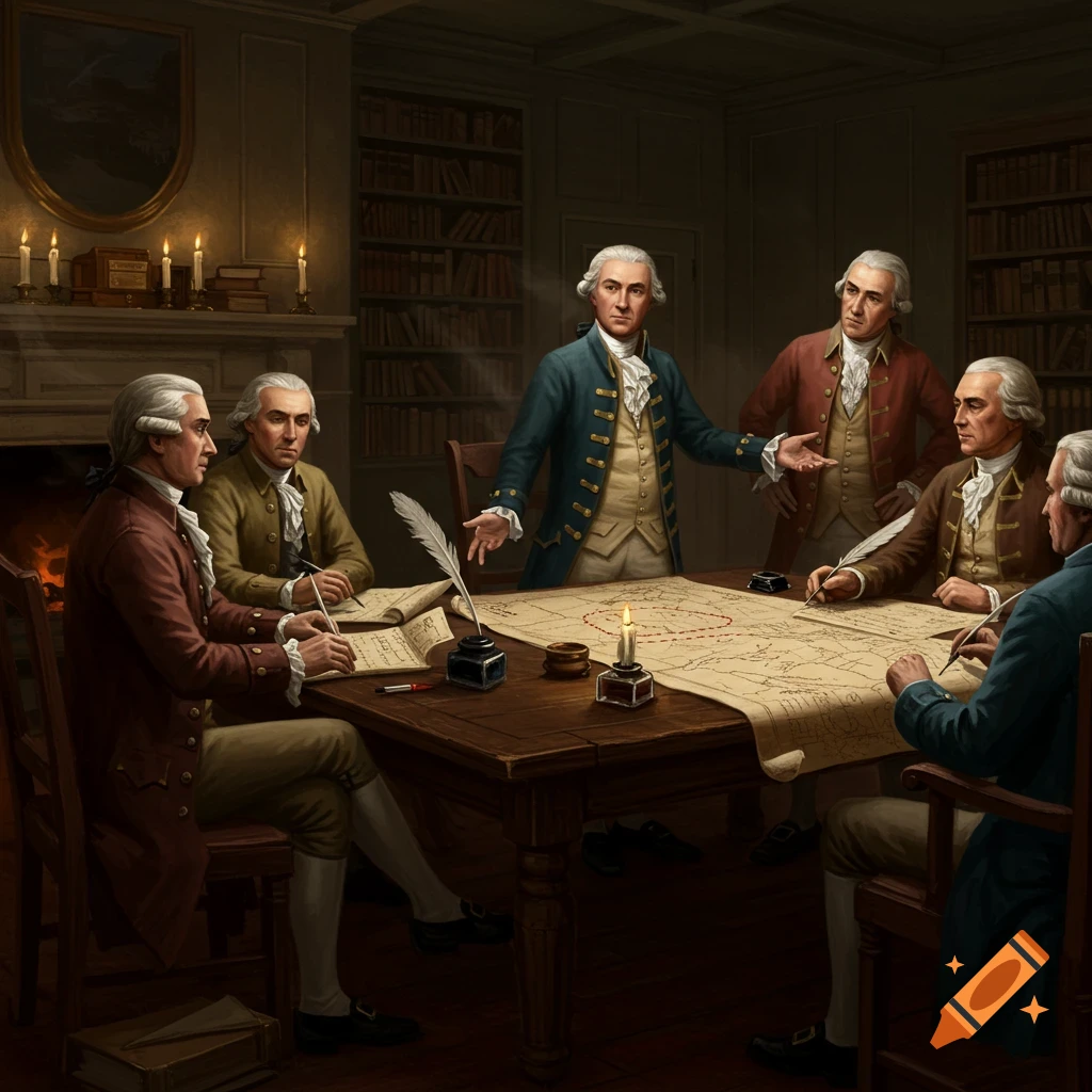 A group of colonial-era men in a dimly lit study gathered around a table with a map, quill pens, and candles.