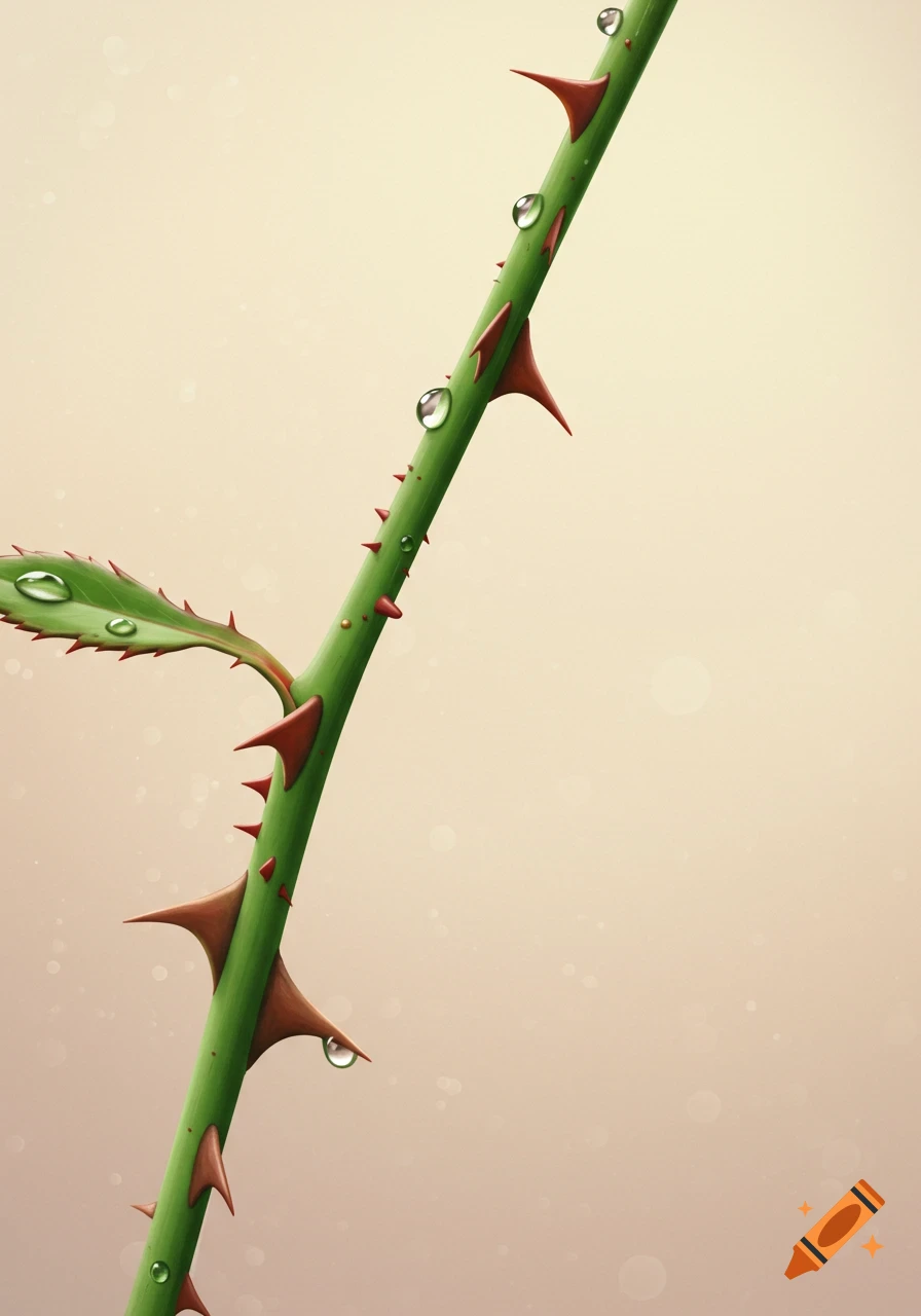 Close-up illustration of a green rose stem with red thorns and water droplets on a light beige background.