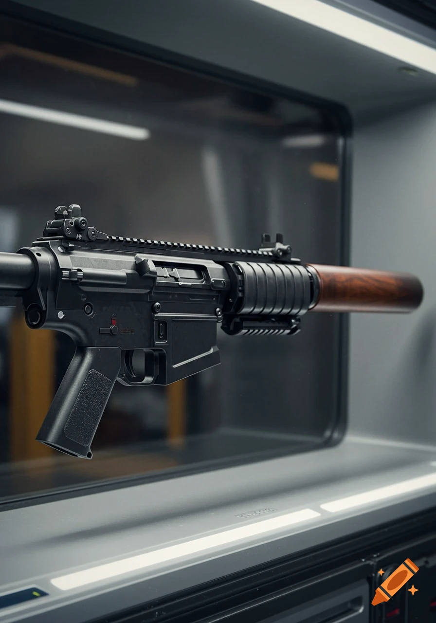 A close-up, photorealistic shot of a black assault rifle with a brown wooden suppressor, displayed horizontally in a glass case.