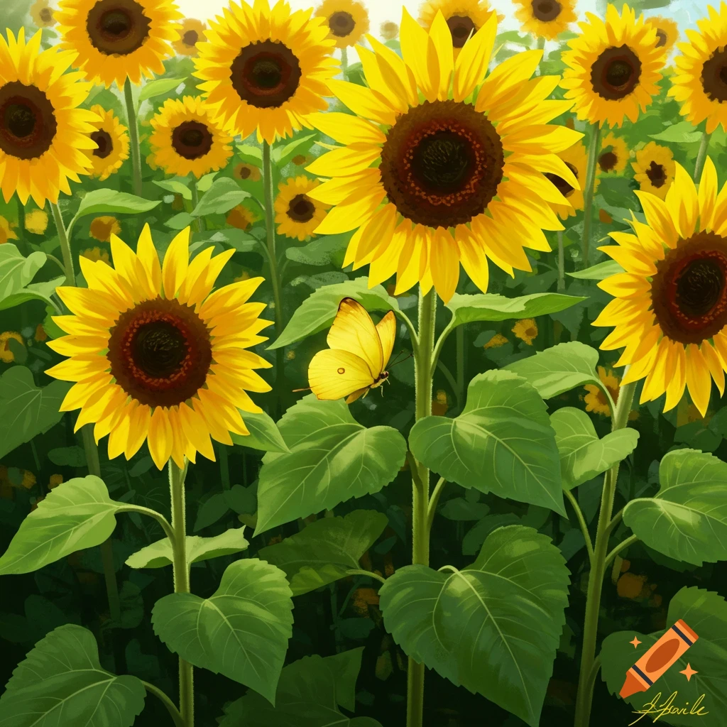 A close-up, painterly illustration of a bright yellow butterfly perched on a green leaf in a field of sunflowers.