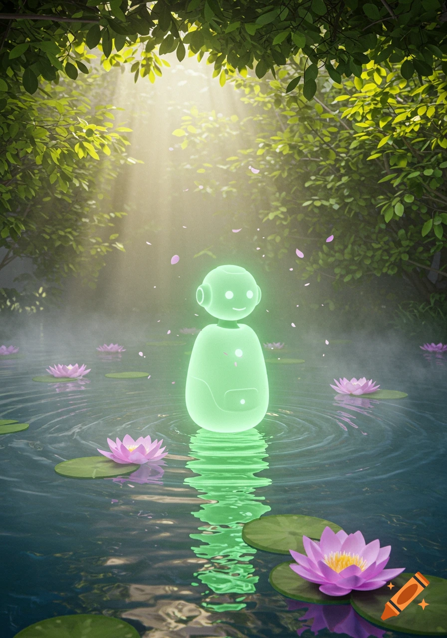 A serene, glowing green chatbot stands in a pond with pink water lilies, surrounded by lush green trees and sunbeams.