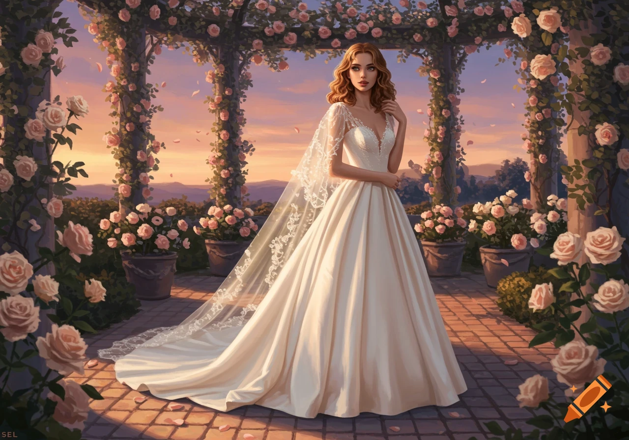 A woman in a white wedding dress stands under a rose-covered arbor in a lush garden at sunset, looking forward in an illustrative style.