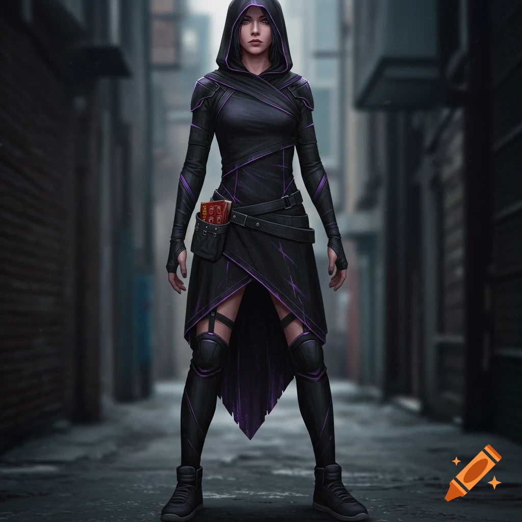 A female warrior in a black and purple hooded dress, combat sneakers, and utility belt stands in a dark alley.