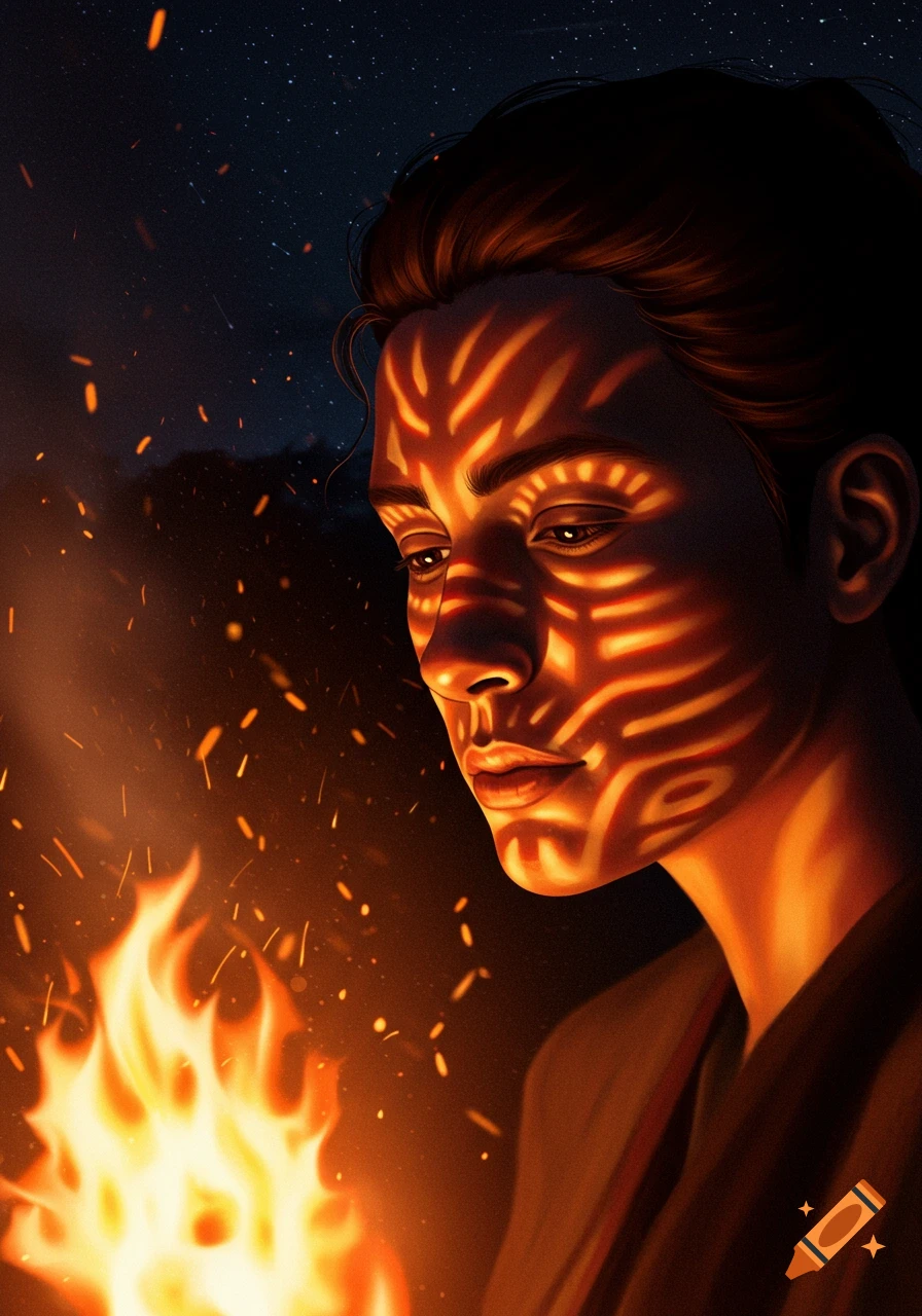 Digital art illustration of a person's face illuminated by fire, casting abstract glowing patterns, under a starry night sky.
