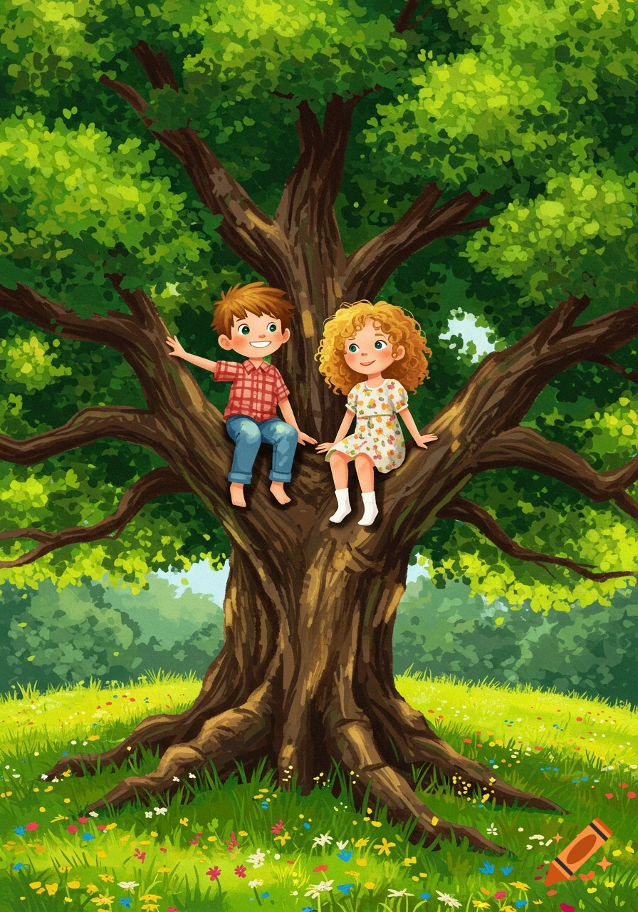 A vibrant cartoon illustration shows a boy and girl sitting on a large tree branch in a sunny green meadow with flowers.