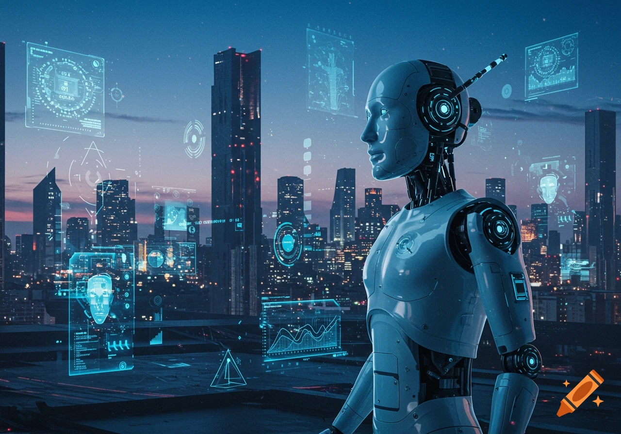 A white humanoid robot stands on a rooftop overlooking a futuristic city at dusk, surrounded by glowing blue holographic interfaces.
