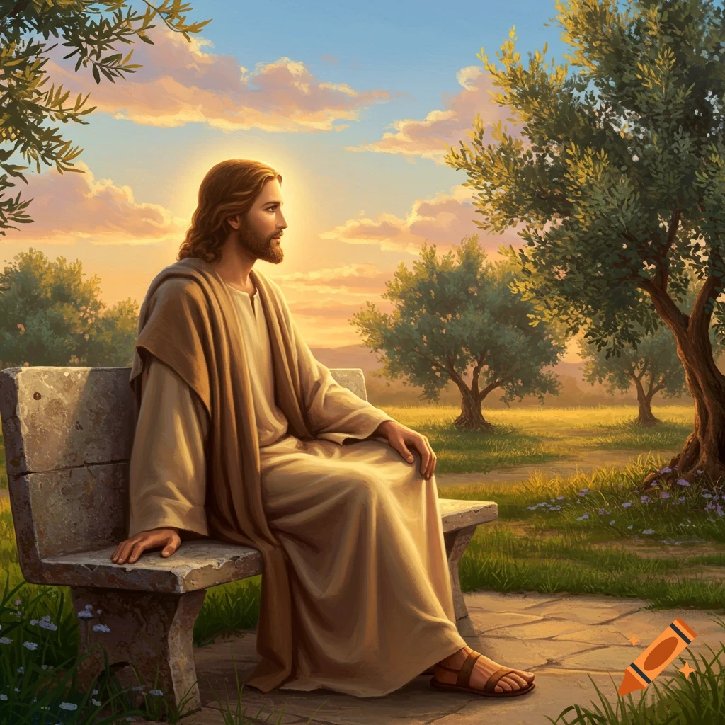 Jesus with a halo sits on a stone bench in a serene, sunlit landscape with olive trees.