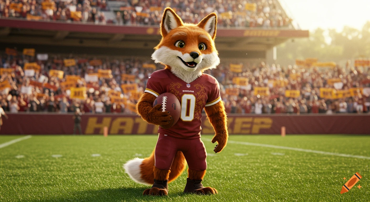 A smiling, realistic digital fox mascot in a burgundy and gold football jersey, holding a football, standing on a bright green field in a sunlit stadium with cheering fans in the blurred background.