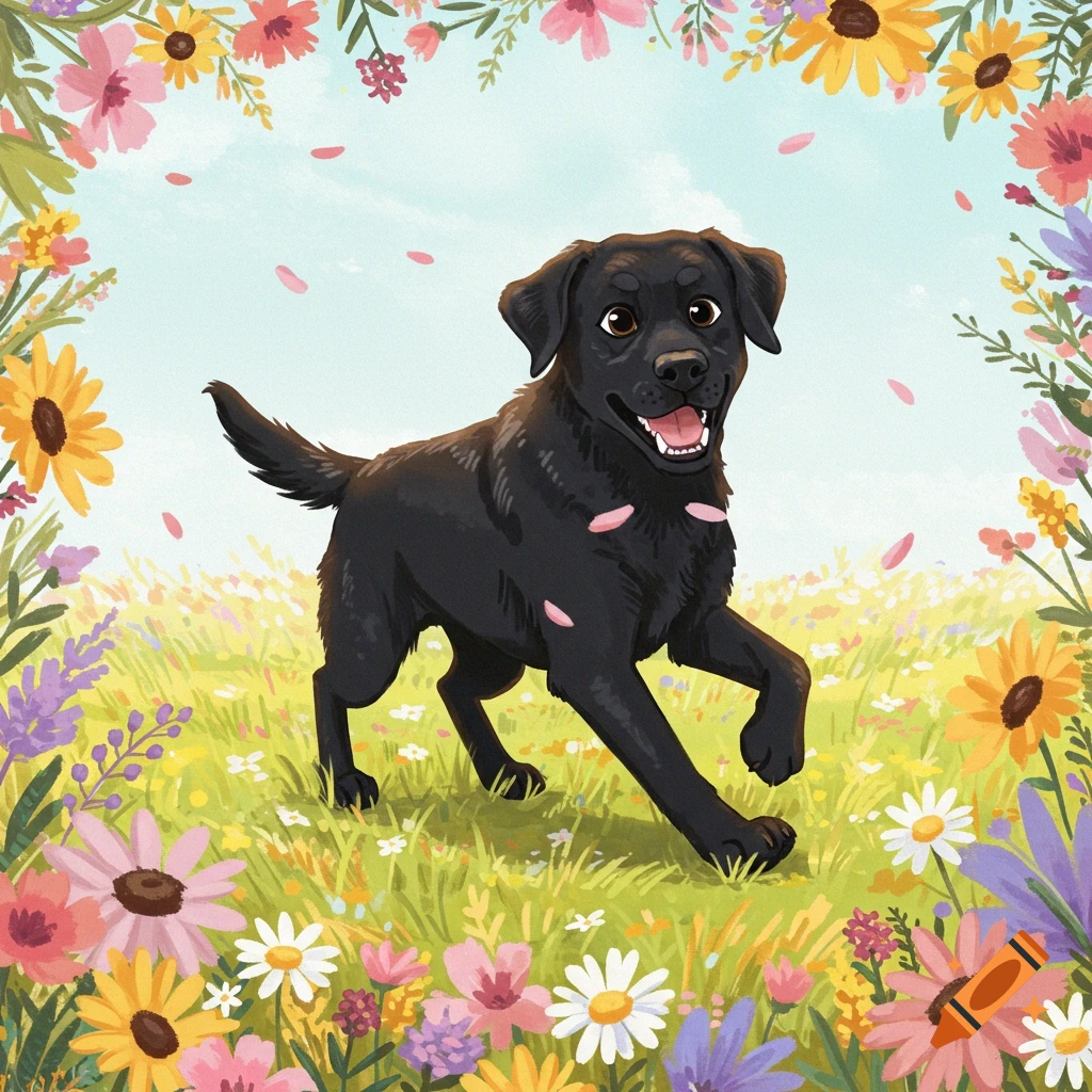 An animated black Labrador dog happily runs through a field of colorful wildflowers, with a vibrant floral border.