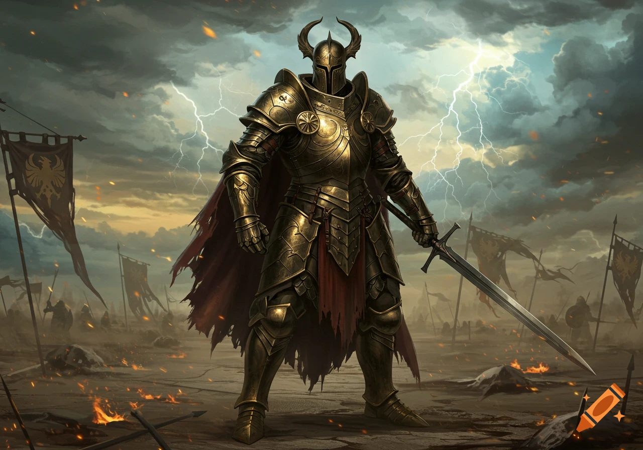 A dark golden armored warrior with a horned helmet stands on a burning battlefield under a lightning storm, holding a longsword.