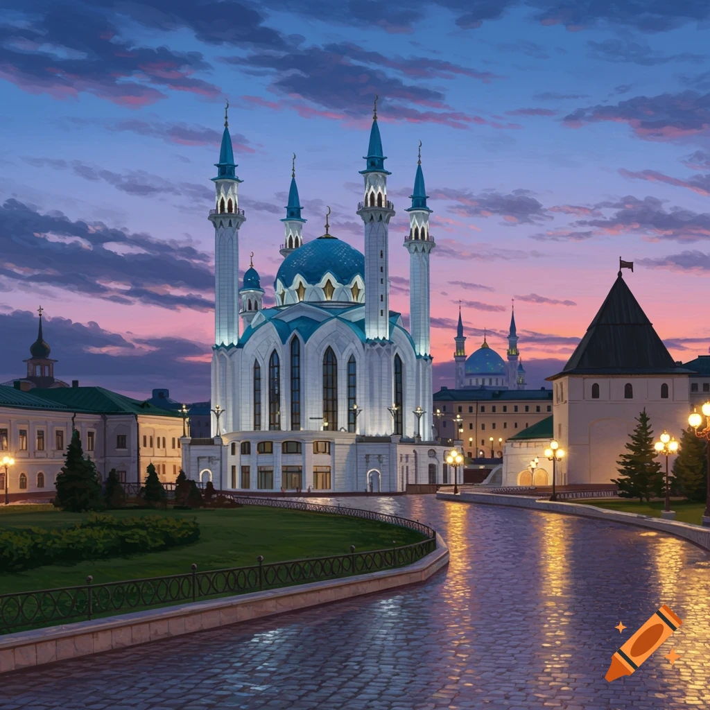 A majestic white and blue mosque with multiple minarets at dusk, illuminated by lights, surrounded by city buildings and a paved path reflecting light, under a vibrant purple and pink sky.
