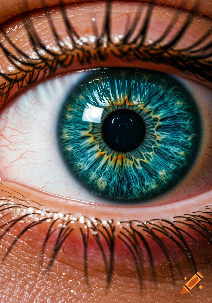 A highly detailed, close-up view of a vibrant blue-green human eye with visible blood vessels and eyelashes.