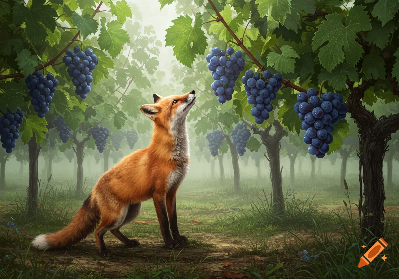 A red fox stands on a dirt path, looking up at bunches of ripe blue grapes hanging from vines in a misty vineyard.