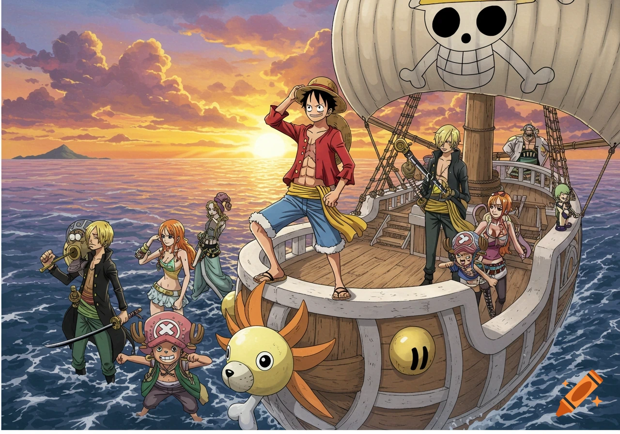 The Straw Hat Pirate crew from One Piece on their ship, with Luffy in the foreground, sailing at a vibrant sunset.