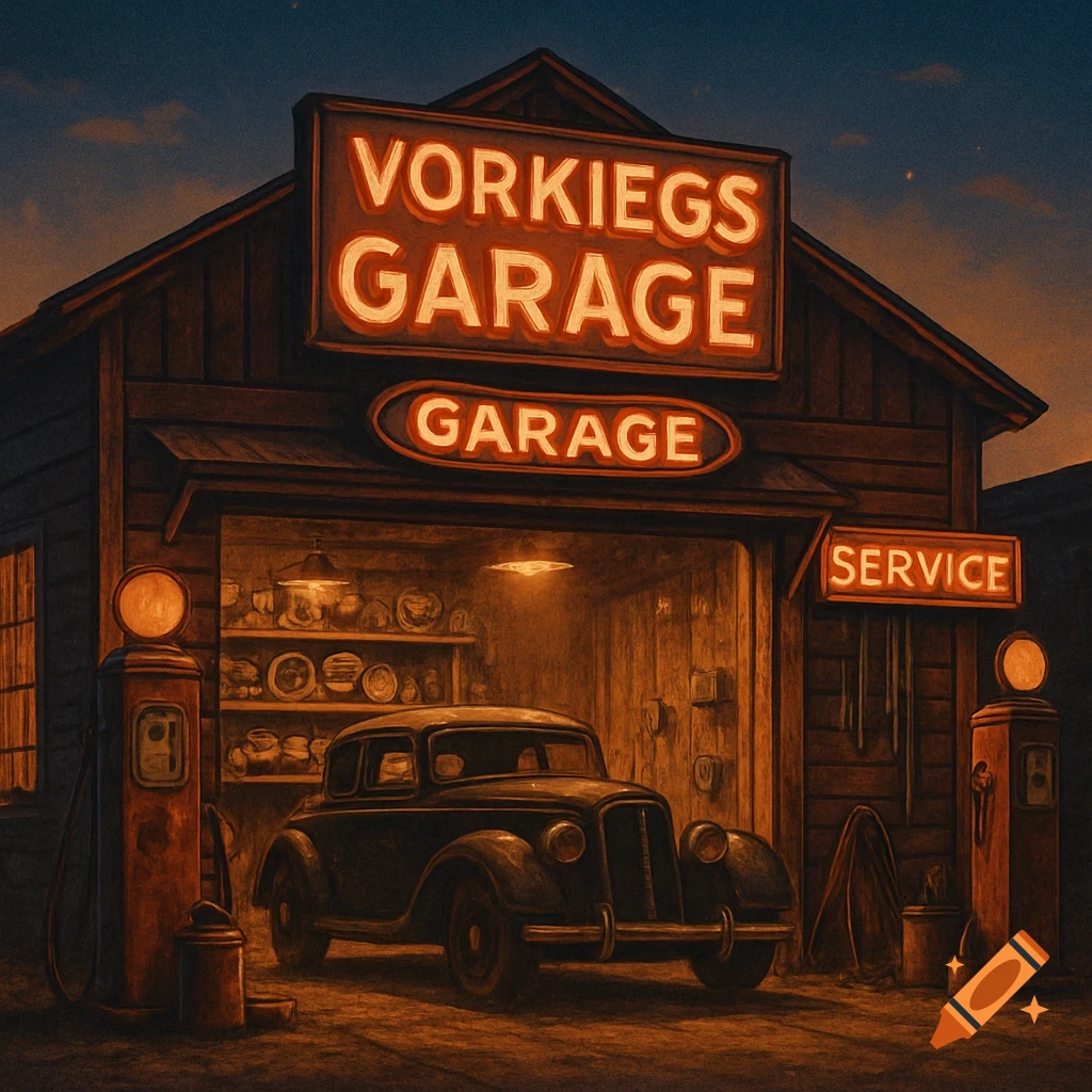 A retro-styled illustration of an old wooden garage with glowing neon signs, a vintage car, and old gas pumps.