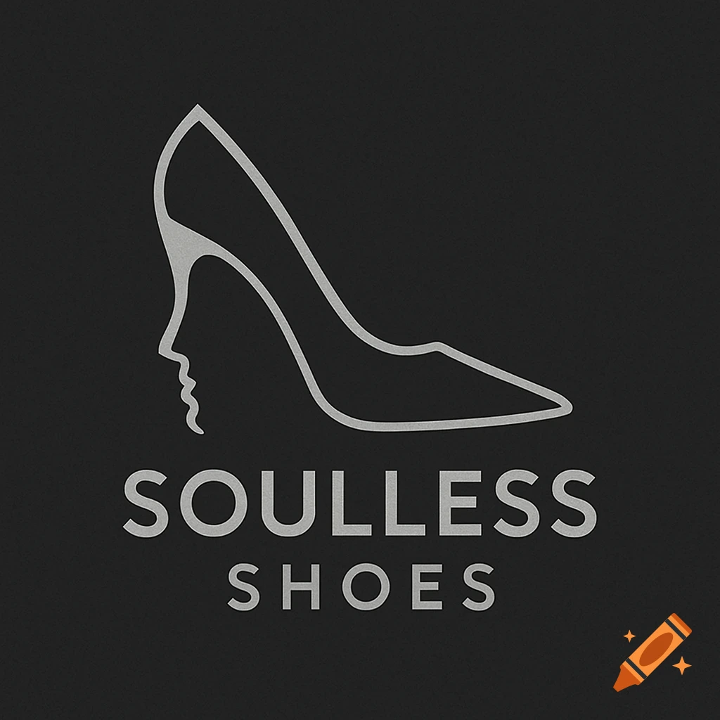 Minimalist gray line art logo on black, combining a high-heeled shoe with a woman's face profile, text 'SOULLESS SHOES'.