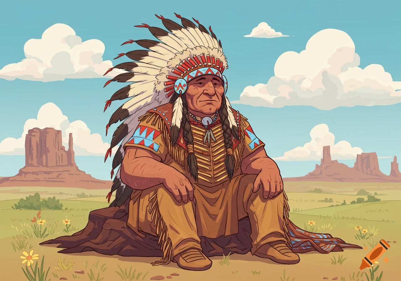 Cartoon illustration of a Native American chief in a feathered headdress and traditional attire, sitting in a desert landscape with mesas.