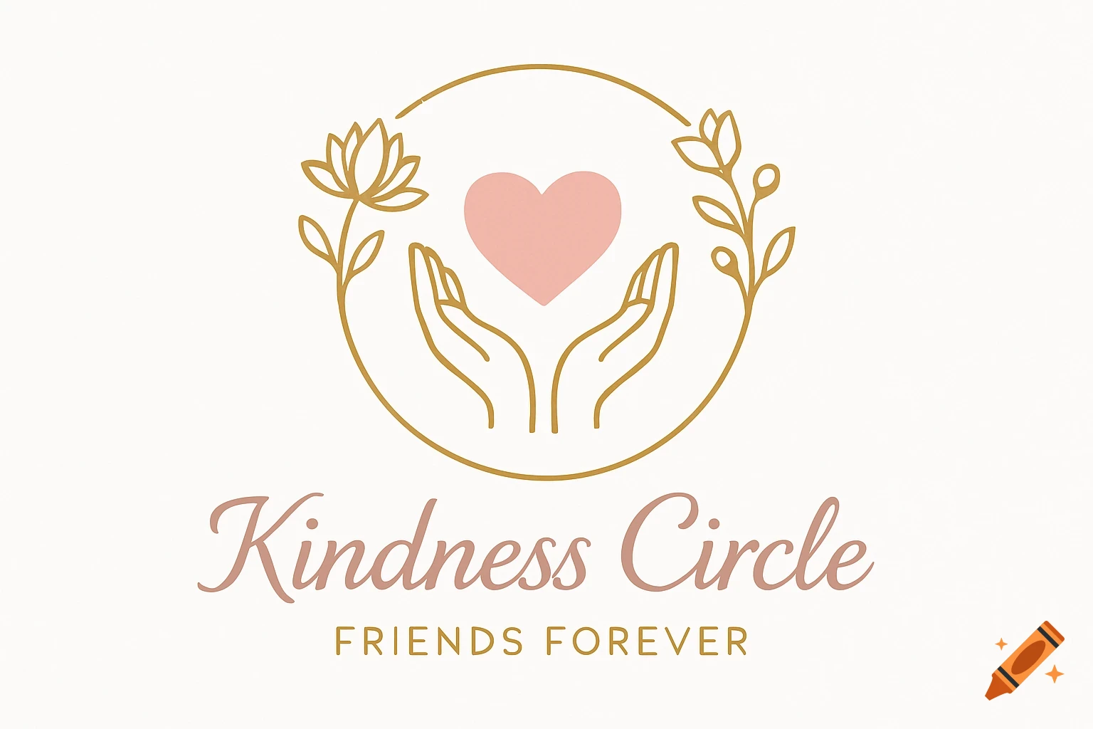 Minimalist logo with golden hands holding a pink heart, encircled by golden floral accents and the text 'Kindness Circle Friends Forever'.