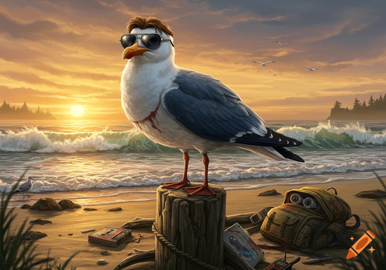 An anthropomorphic seagull with sunglasses and brown hair stands on a beach post at sunset, with a backpack and cassette tapes on the sand.