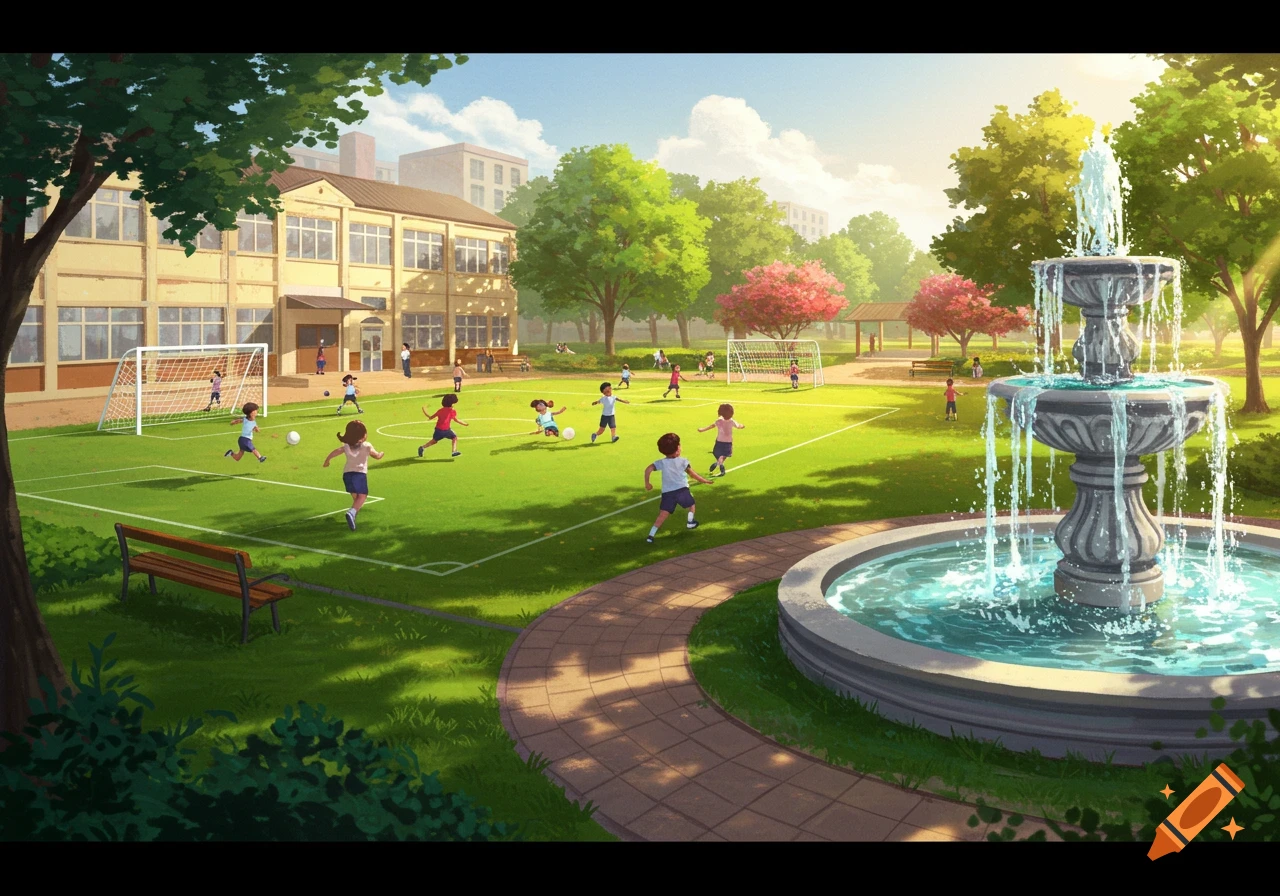 Children play soccer in a bright cartoon park with a school building and a large fountain.