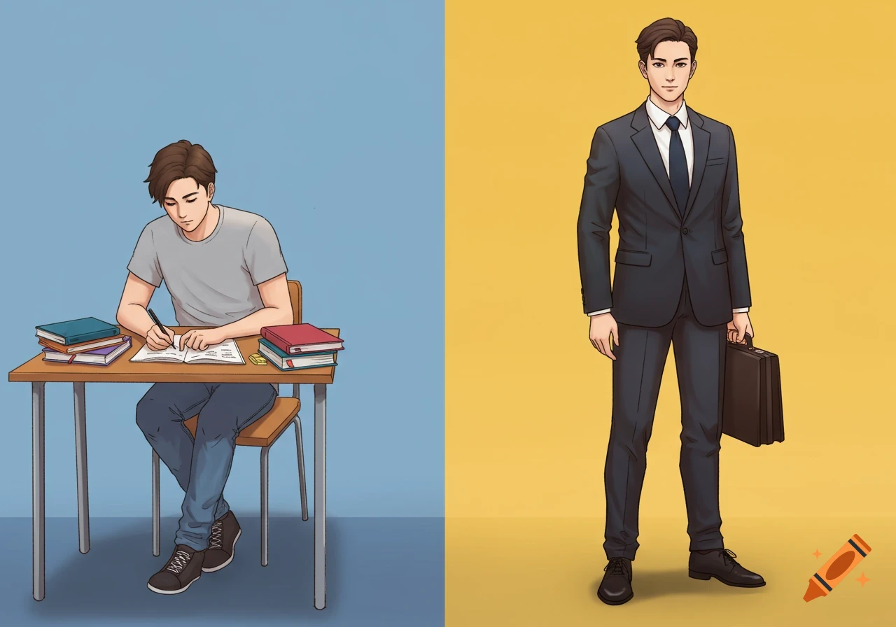 Digital illustration of a man transforming from a student studying at a desk to a professional in a suit with a briefcase.