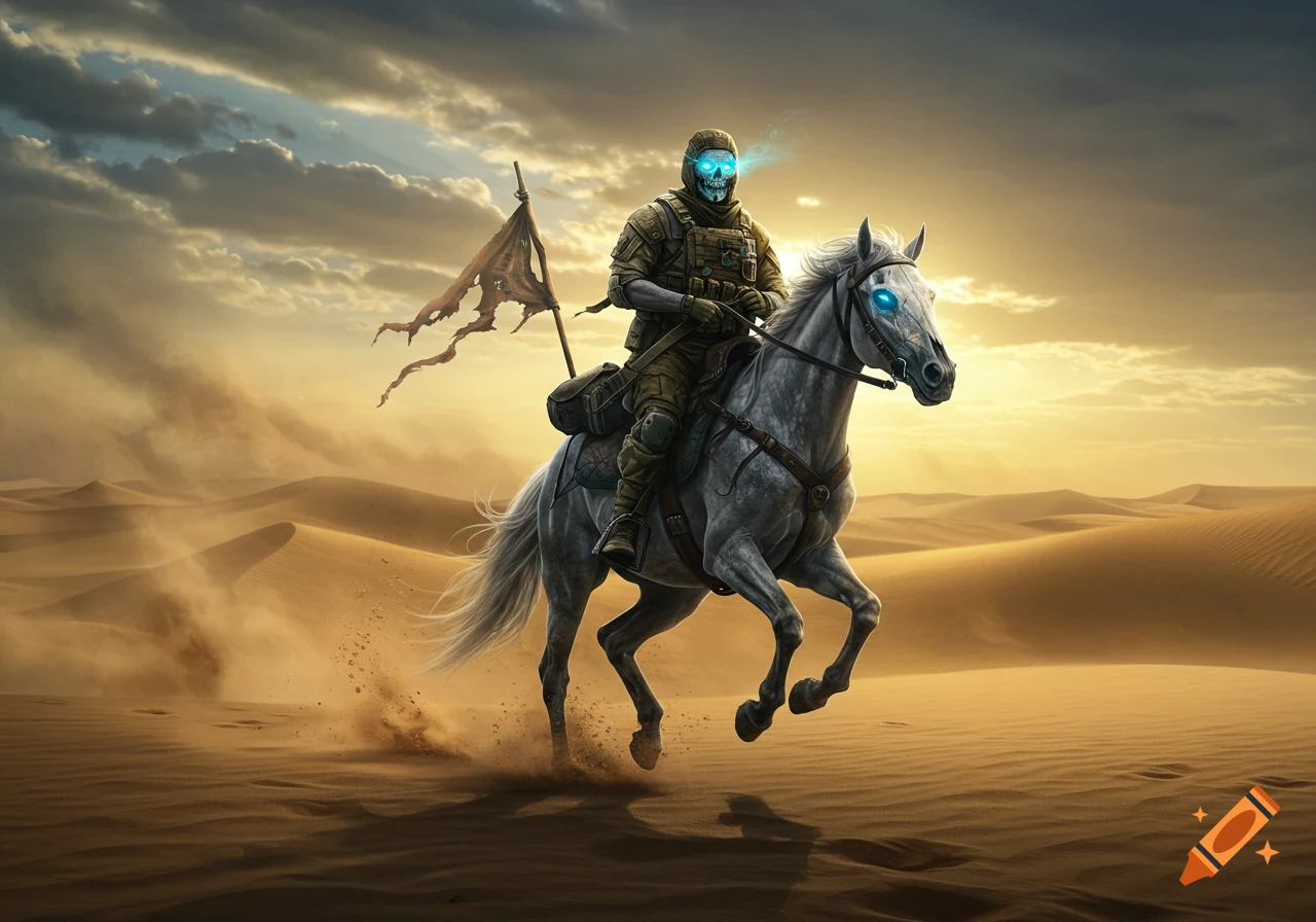 A photorealistic skeleton military operator with glowing blue eyes rides a white horse, carrying a tattered flag in a sandy desert.