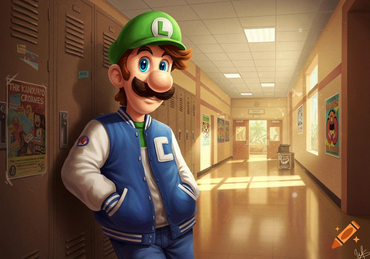 Luigi in a green cap and blue varsity jacket leans against a locker in a bright school hallway, digital art style.