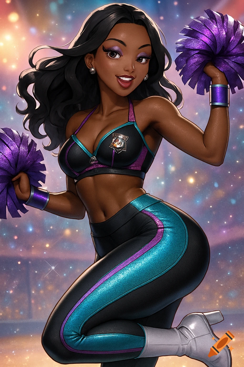 An anime-style black female cheerleader in a black, teal, and purple uniform with pom-poms, smiling brightly.