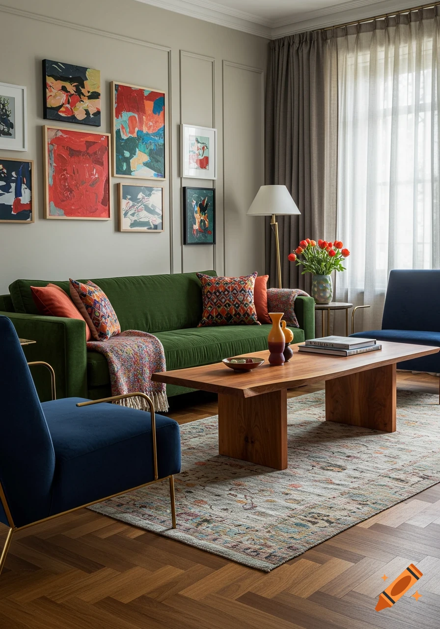 A colorful and eclectic living room with a green couch, blue chairs, a wooden coffee table, and abstract art on the wall.