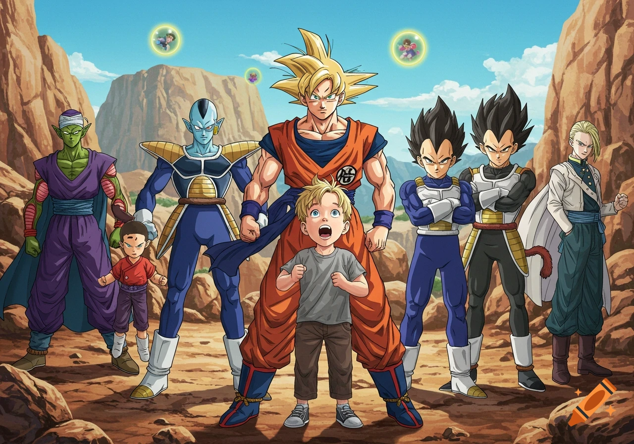 Anime group portrait of Dragon Ball Z characters Goku, Vegeta, Piccolo, Frieza, Android 18, and a blonde boy in a desert.