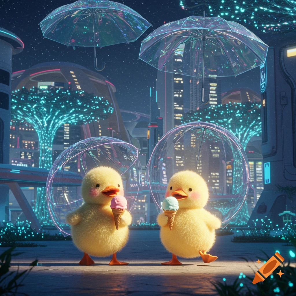 Two fluffy yellow ducklings hold ice cream cones, walking through a futuristic sci-fi city at night with glowing trees and floating umbrellas.