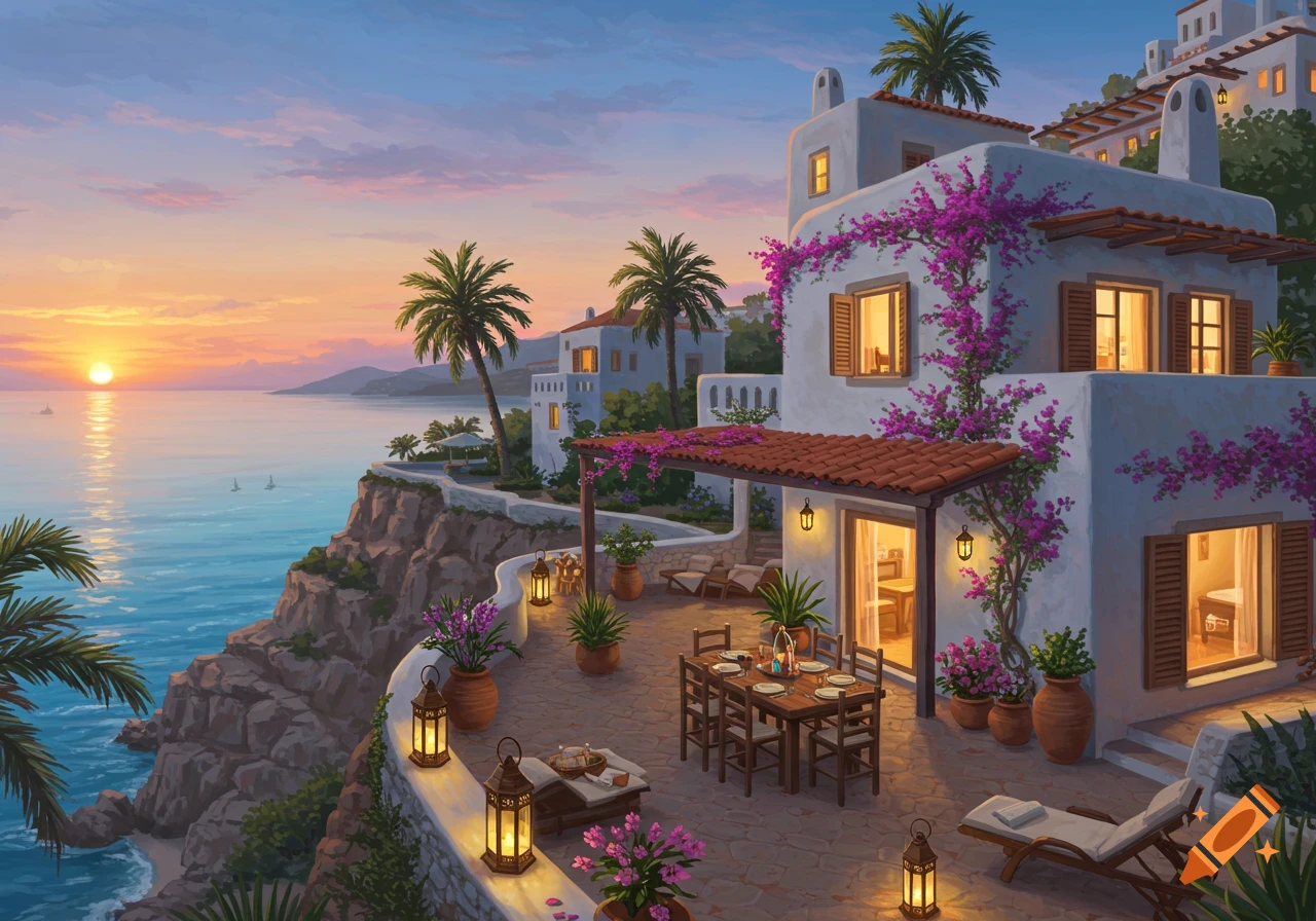 A beautiful Mediterranean coastal village with white buildings and purple bougainvillea on a cliff overlooking the sea at sunset, with illuminated patios.
