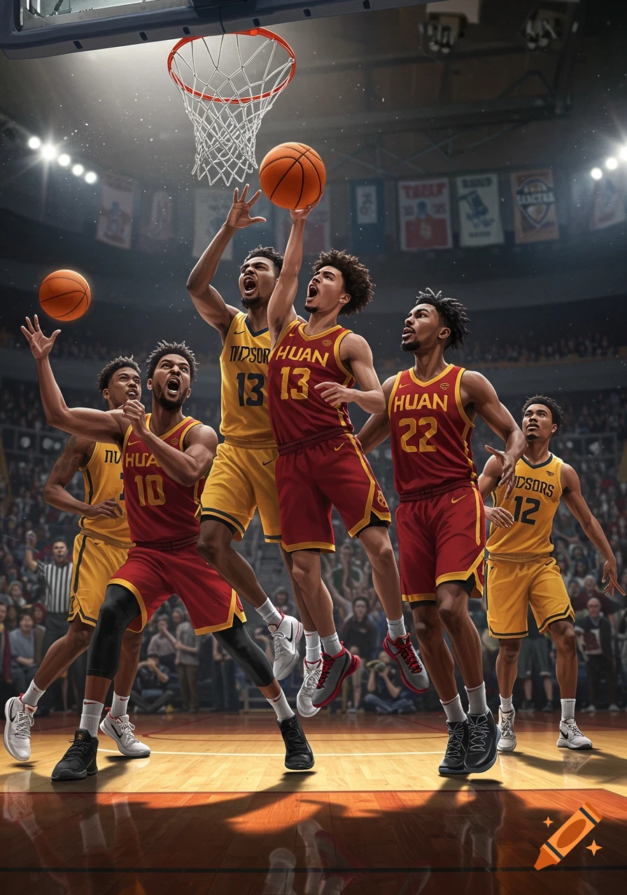 Dynamic illustration of basketball players in red and yellow jerseys competing for the ball near the hoop in a packed arena.