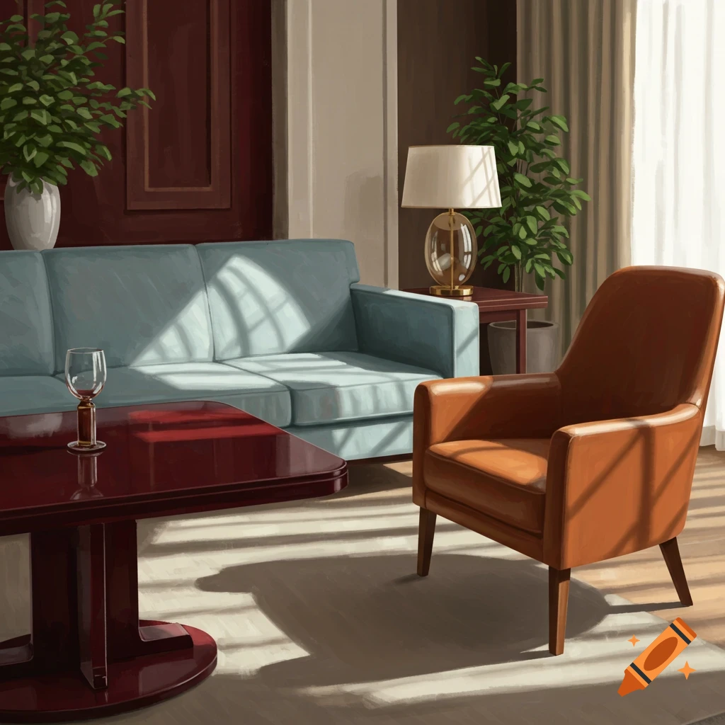 An illustration of a sunlit living room with a light blue sofa, a cognac leather armchair, and a bordeaux table.