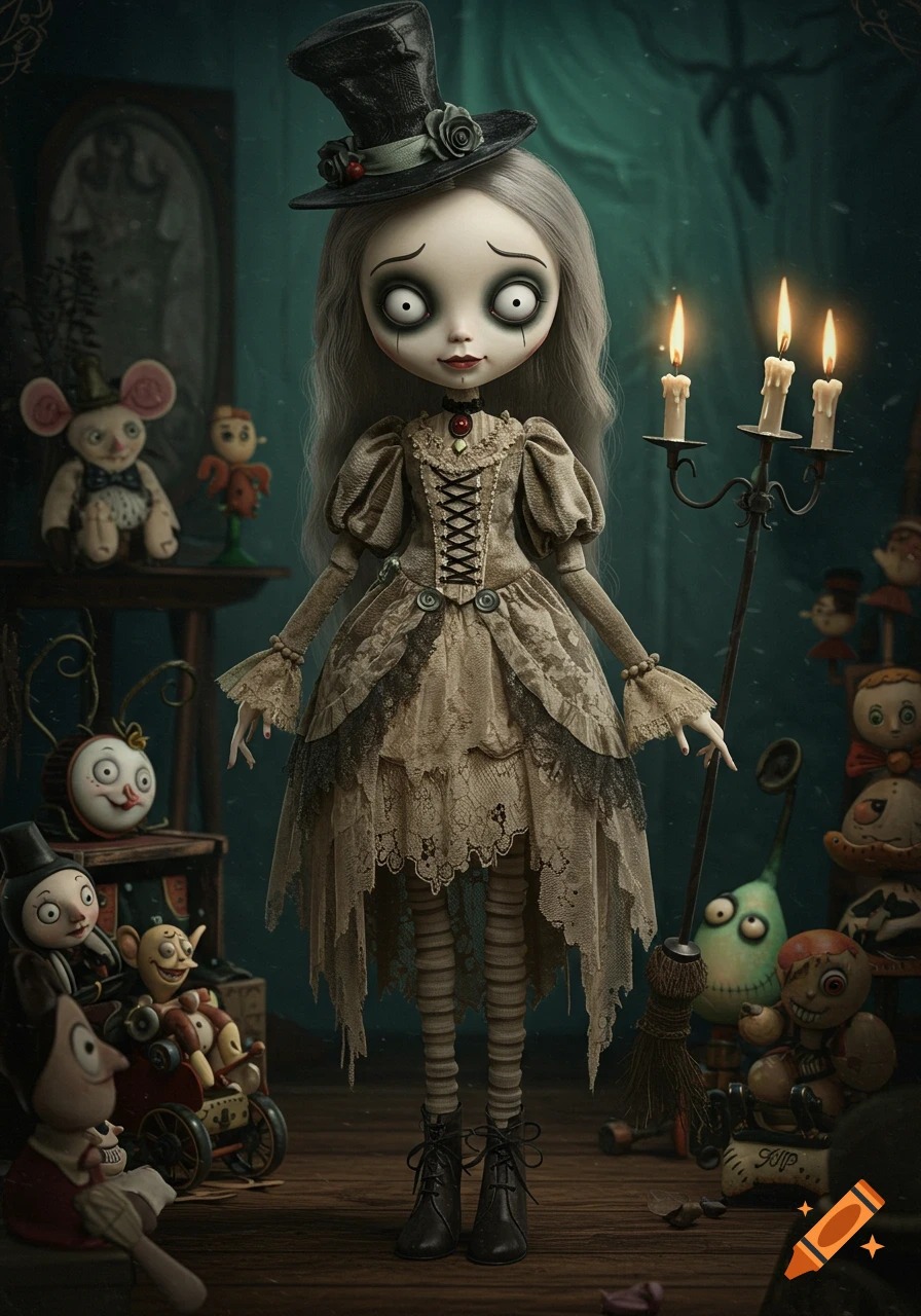 A spooky, Tim Burton-style art doll with large eyes and a top hat, in a dimly lit room with other whimsical toys.