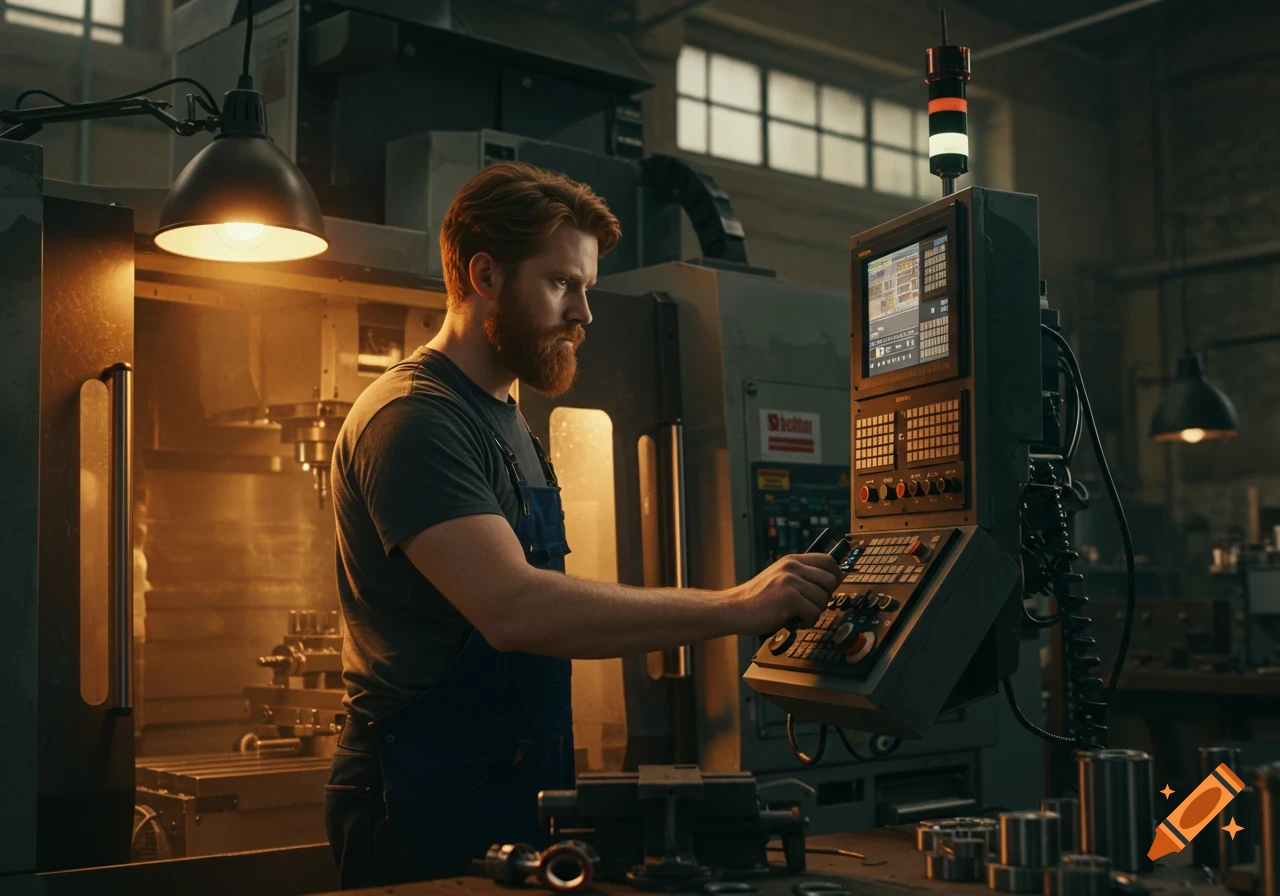 A bearded redhead man operates a CNC mill in a well-lit factory workshop. Photorealistic.