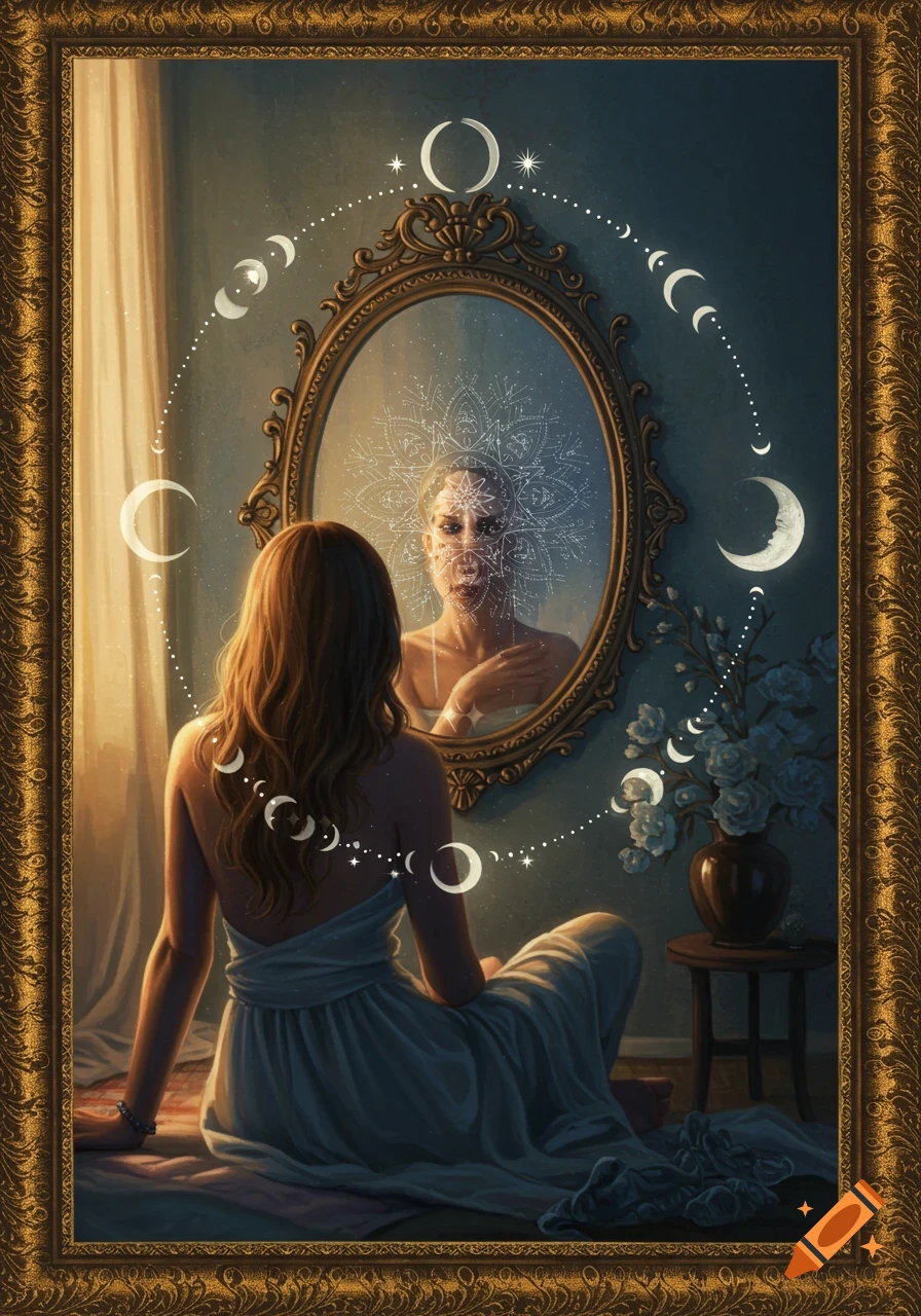 A woman in a white dress sits before an ornate mirror, reflecting a luminous mandala, surrounded by moons and stars.