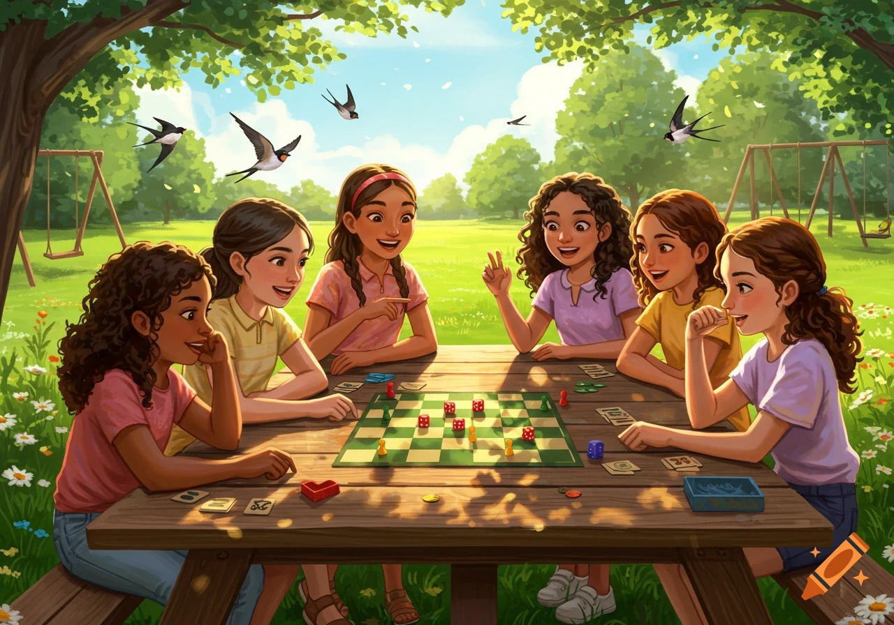 Five happy girls playing a board game at a picnic table in a sunny park with swings and flying birds, in an illustration style.