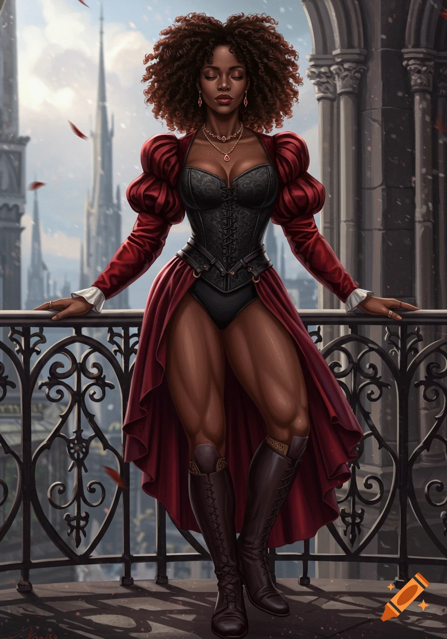 An African woman with curly hair and peaceful expression, in a black corset and red gothic attire, stands on a balcony.