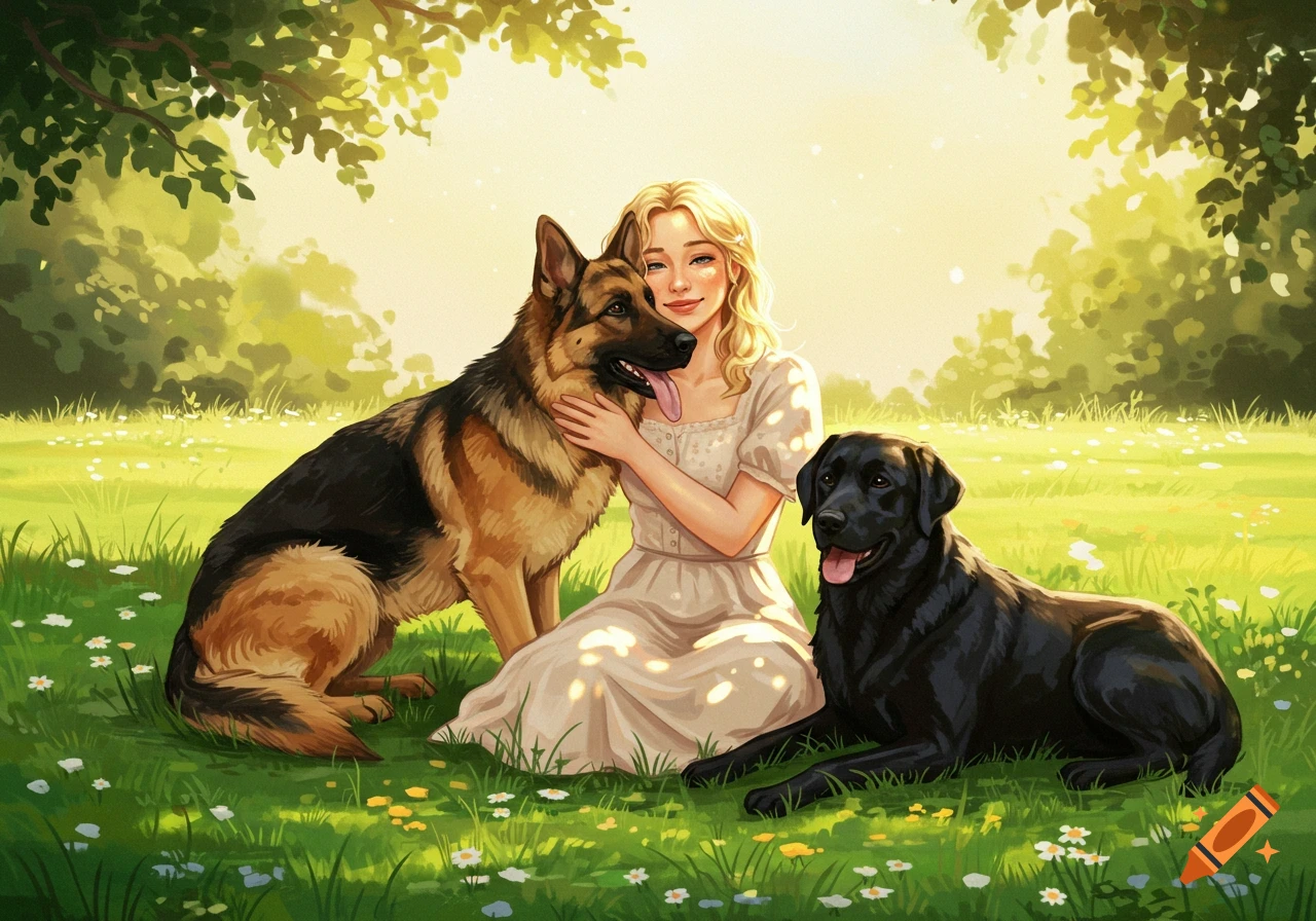 A blond woman sits in a sunny grassy field, embracing a German Shepherd, with a black Labrador lying beside her in a painterly style.