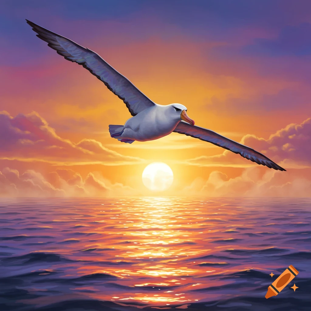An illustrated albatross soars gracefully over a glistening orange and purple ocean at sunset.