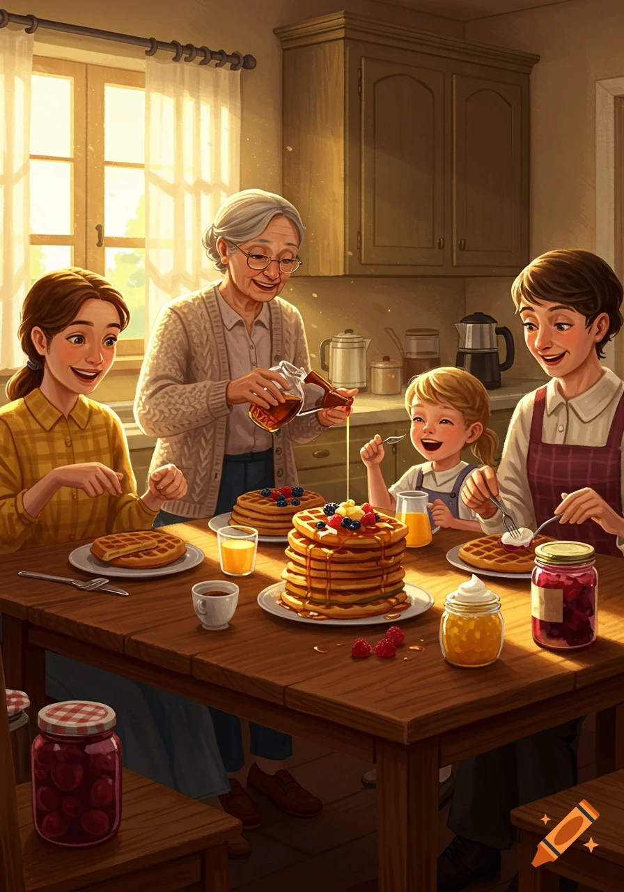 An illustration of a multi-generational family enjoying pancakes and waffles at a sunlit kitchen table.
