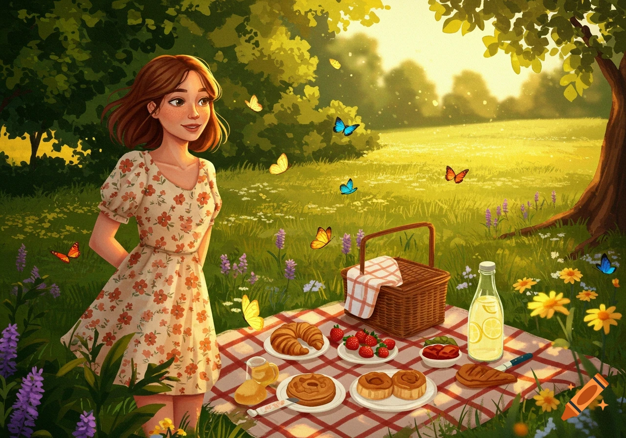 An illustration of a young woman enjoying a sunny picnic in a lush green field with butterflies.