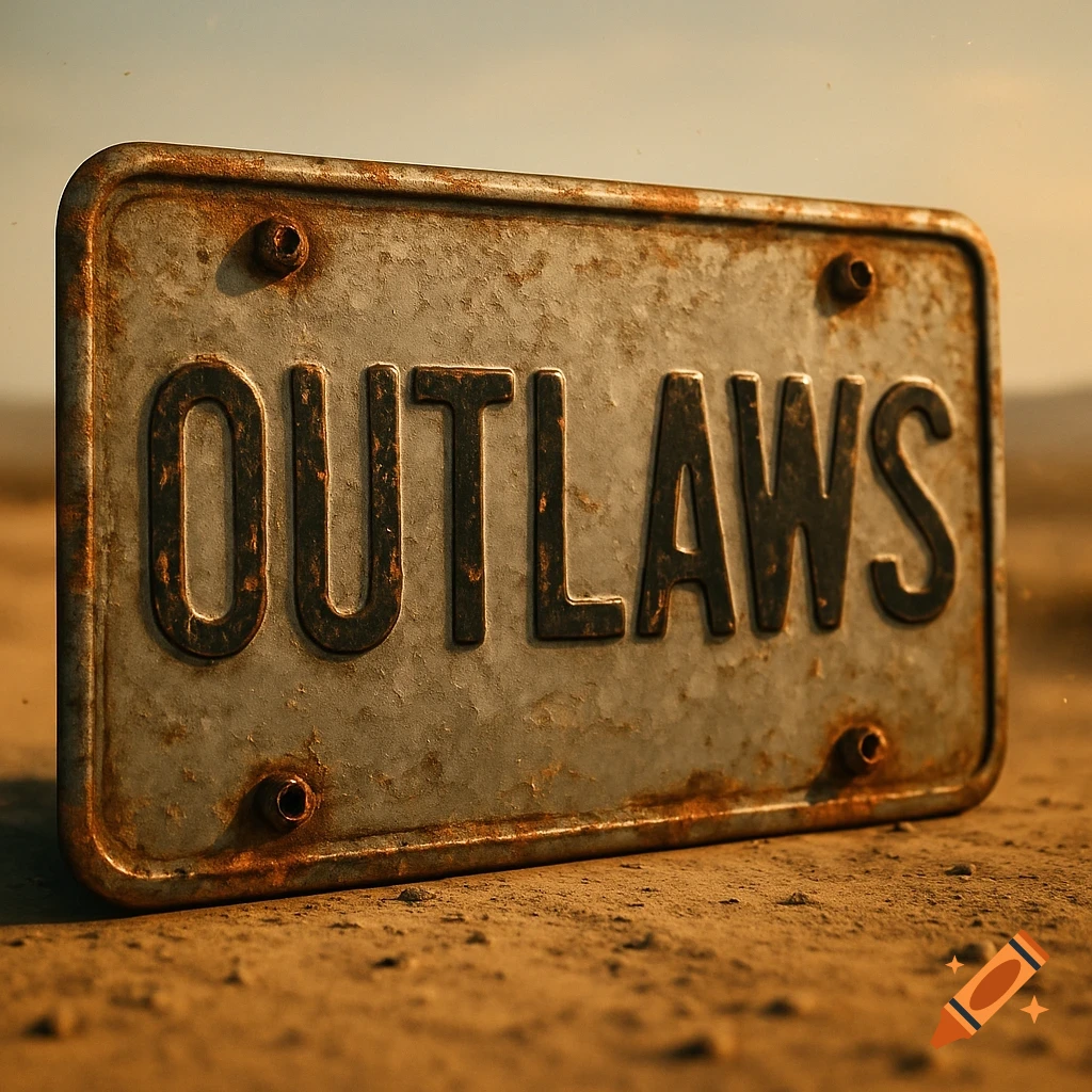 A rusty grey license plate with the word 'OUTLAWS' embossed on it, lying on dusty ground in a desert setting.