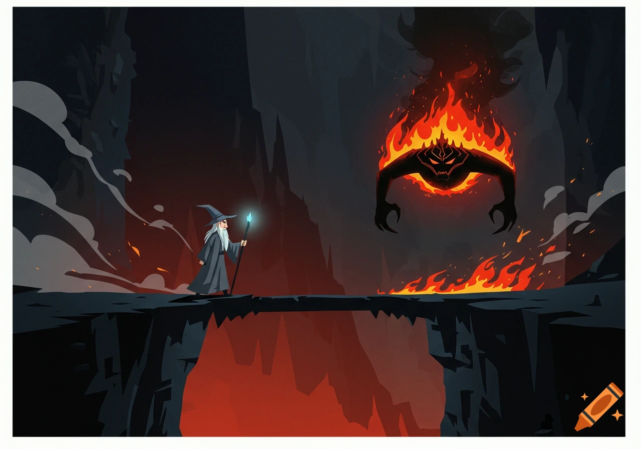 Gandalf faces the fiery Balrog on a bridge over lava in a stylized cartoon illustration.