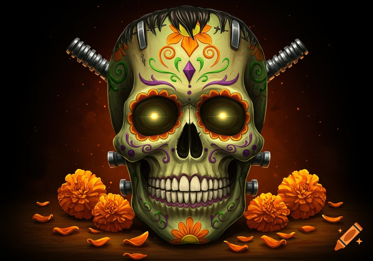 A vibrant, Frankenstein-inspired sugar skull with glowing yellow eyes and colorful floral patterns, surrounded by orange marigold flowers.