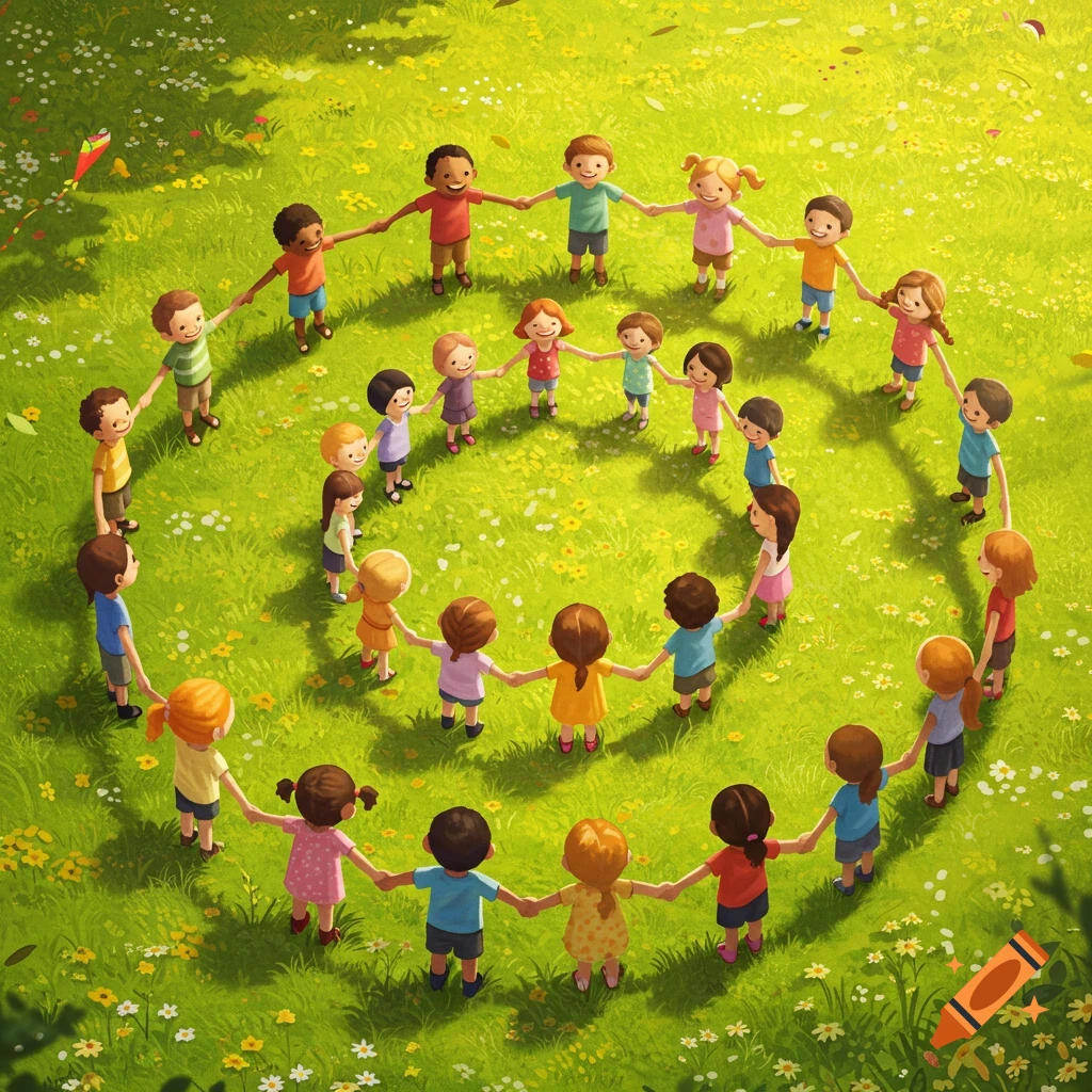 Children holding hands in a spiral formation on a sunny, green field filled with tiny flowers, in an illustrative style.